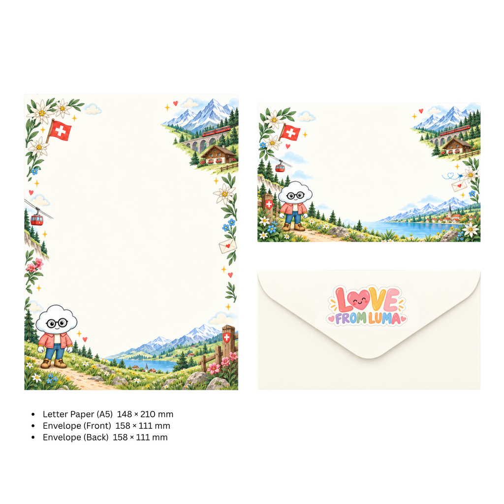 LETTER FROM LUMA Letter Writing Set – “FROM SWITZERLAND” (5 Sheets + 5 Envelopes)