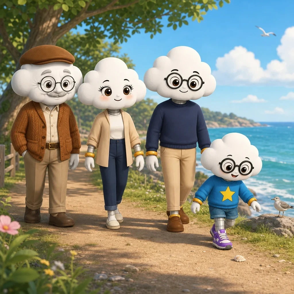 Grandpa, Mama, Papa and LUMA walking together along a coastal path