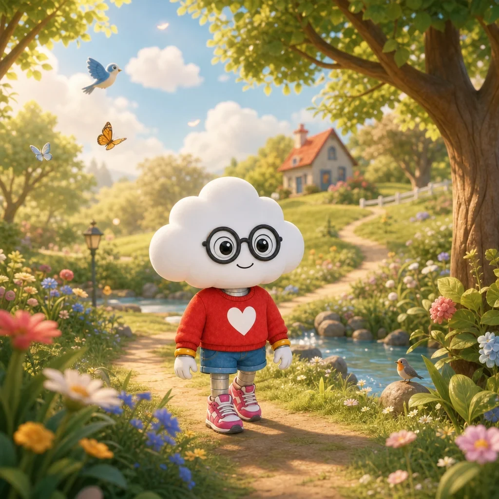 LUMA, a cloud-headed character with round glasses, walking down a path by a stream near a little house