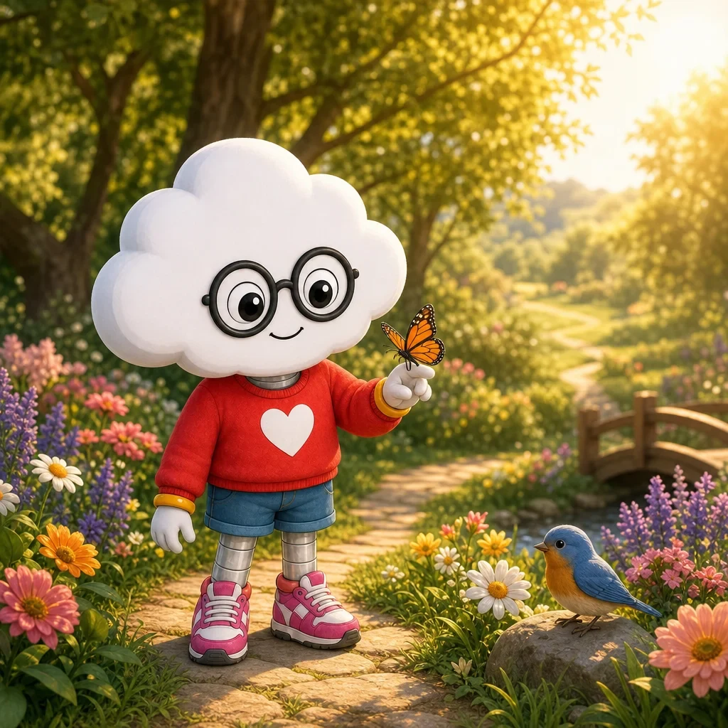 A whimsical cartoon character with a white cloud-shaped head, round black glasses, a red sweater with a white heart, and blue shorts stands on a garden path. The character is touching an orange-and-black butterfly, with a small blue bird nearby and colorful flowers, trees, and a bridge in the background.