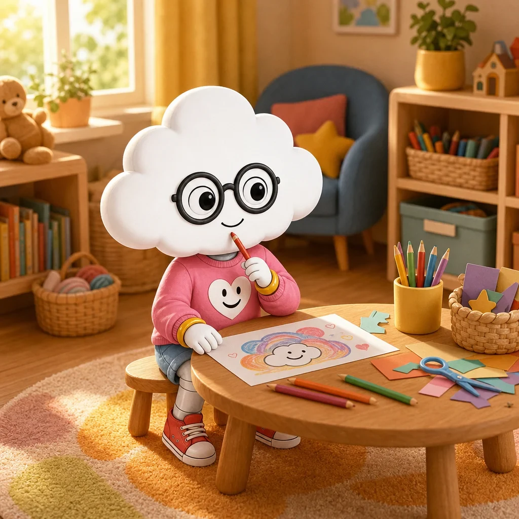 LUMA sitting at a table, drawing a rainbow with colored pencils