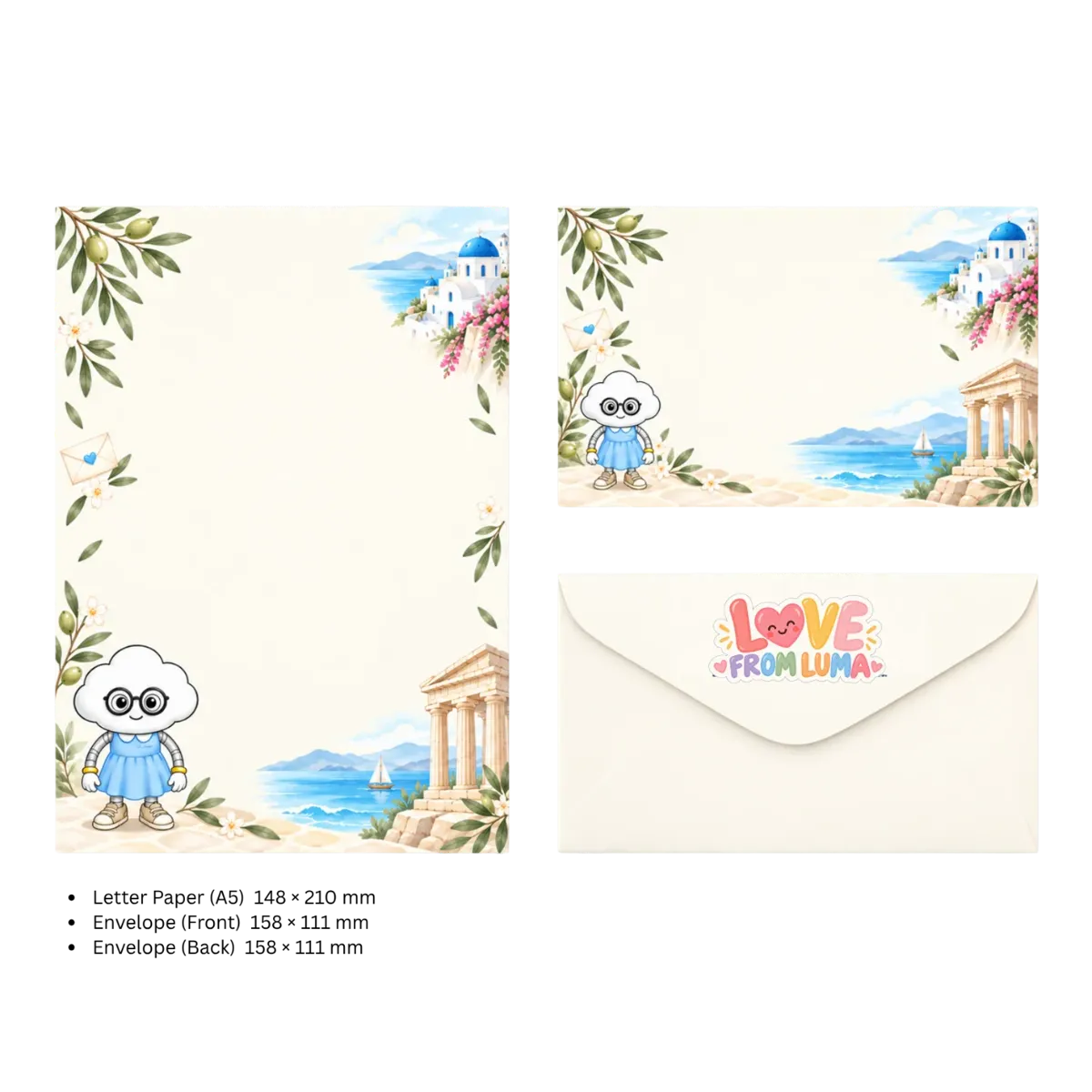 LETTER FROM LUMA Letter Writing Set – “FROM GREECE” (5 Sheets + 5 Envelopes)