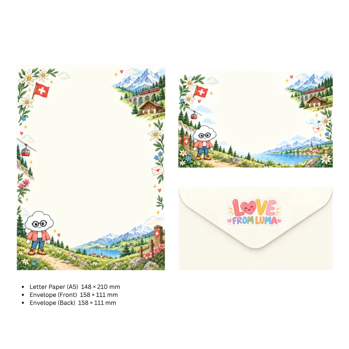 LETTER FROM LUMA Letter Writing Set – “FROM SWITZERLAND” (5 Sheets + 5 Envelopes)